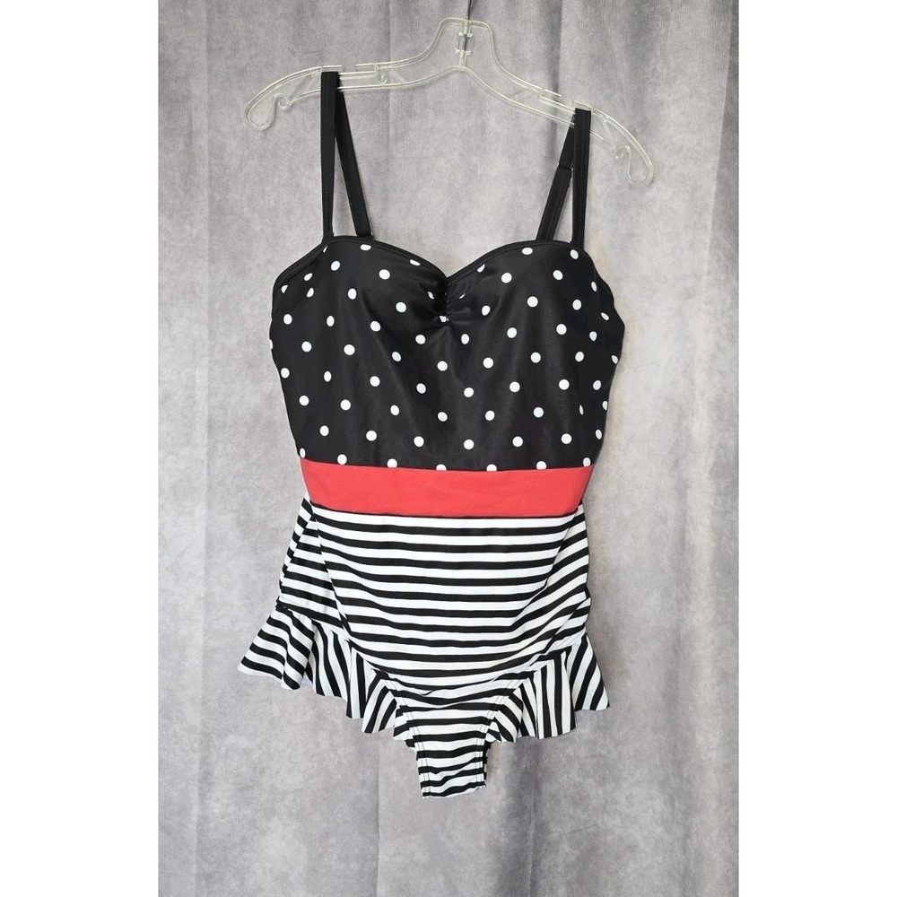 ModCloth BLACK POLKA DOT Katie Polka-Dot Bandeau One-Piece Swimsuit, US XL - Picture 2 of 12